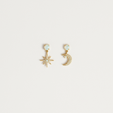 Gold Celestial Earrings - Moon & Star Opal Style - 18K Gold Tone - Drop