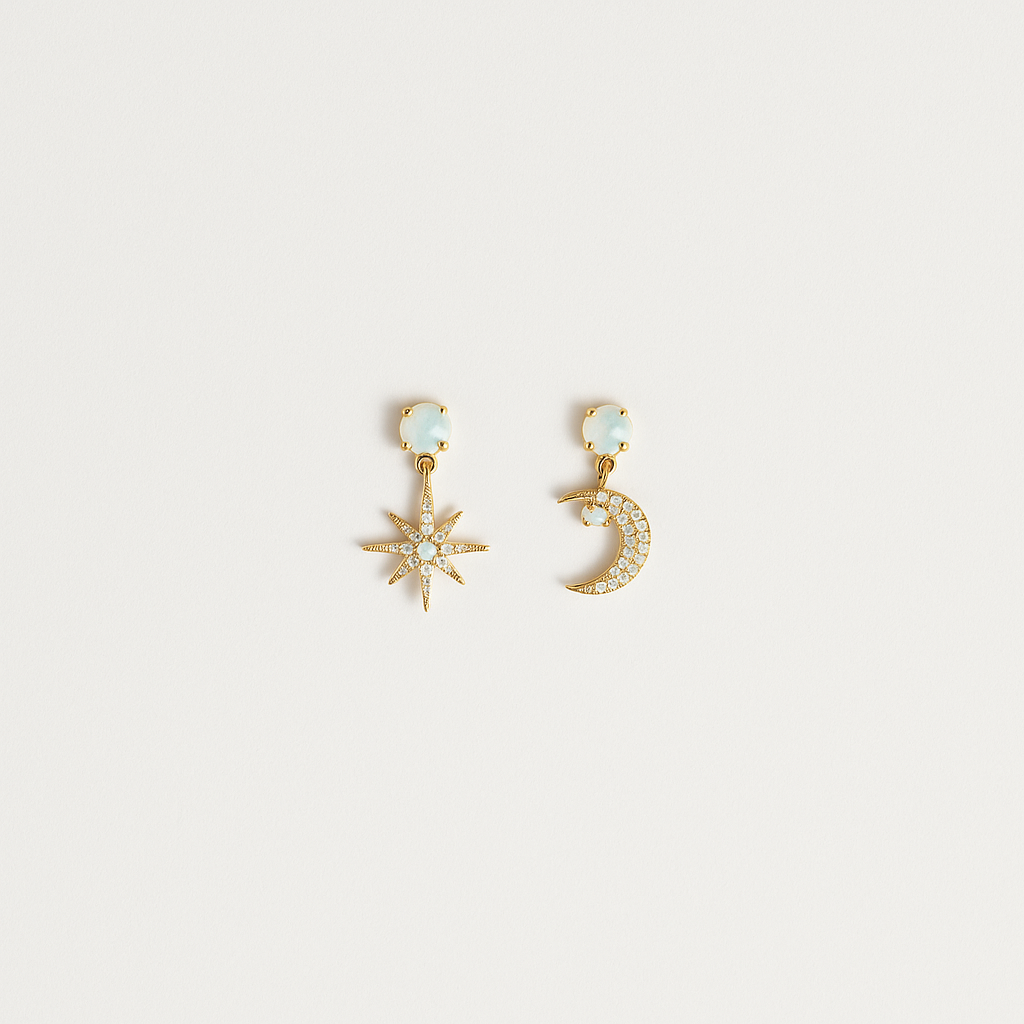 Gold-Tone Moon and Star Drop Earrings with Opal Accents