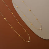 Gold Floral Necklace - Crystal Center Motifs - 18K Gold Tone - Stainless Steel