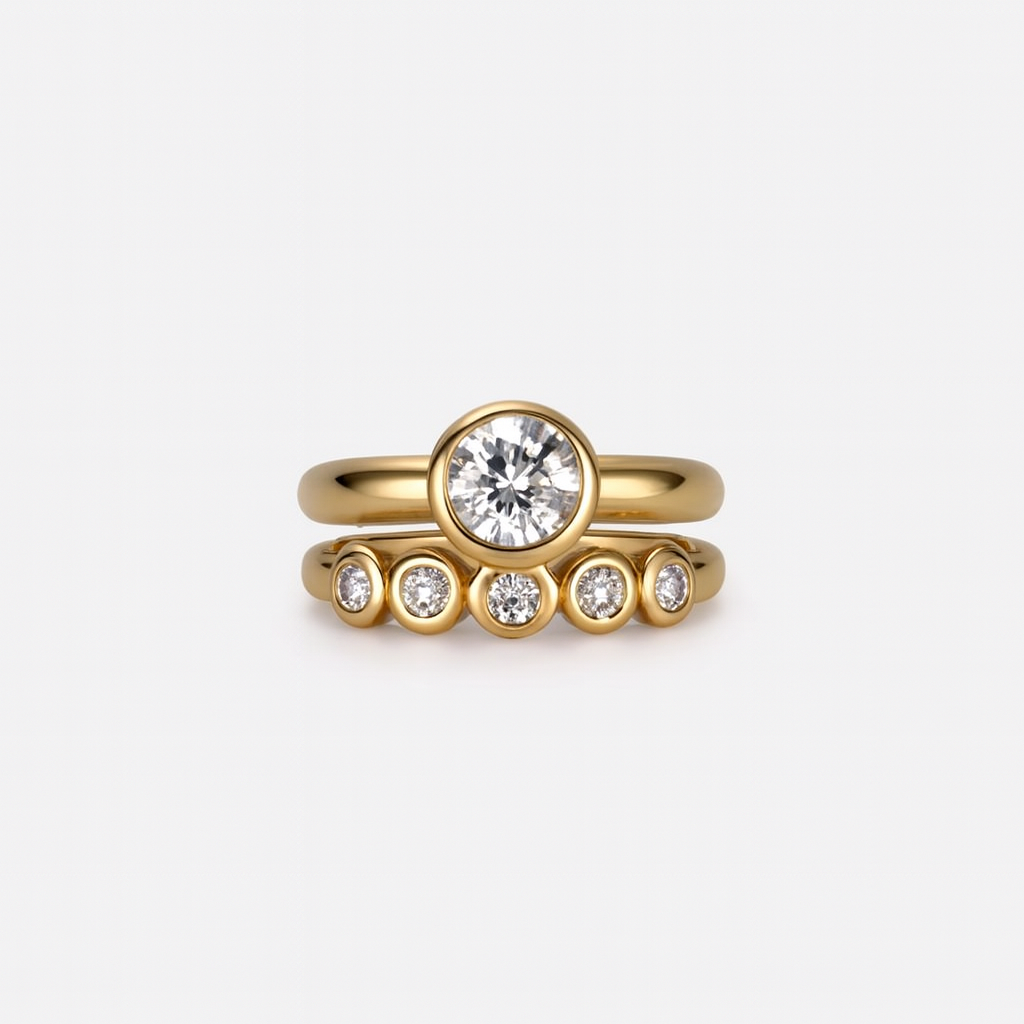 Gold-Tone Vintage-Inspired Zirconia Ring Set with Polished Band