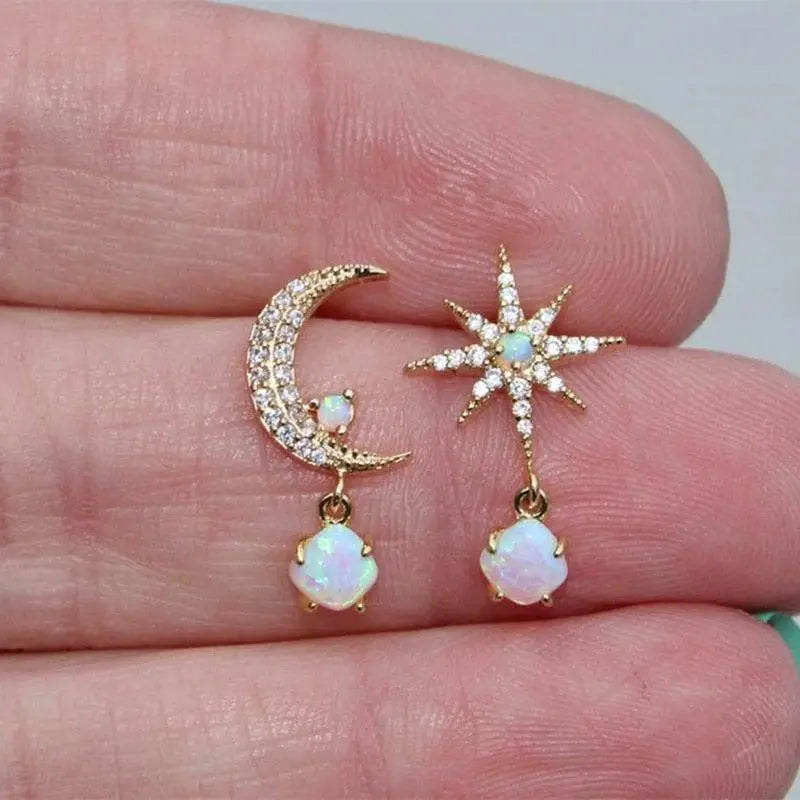 Gold-Tone Moon and Star Drop Earrings with Opal Accents