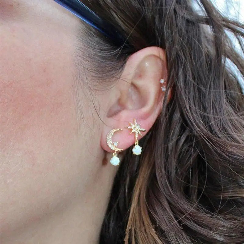 Gold-Tone Moon and Star Drop Earrings with Opal Accents