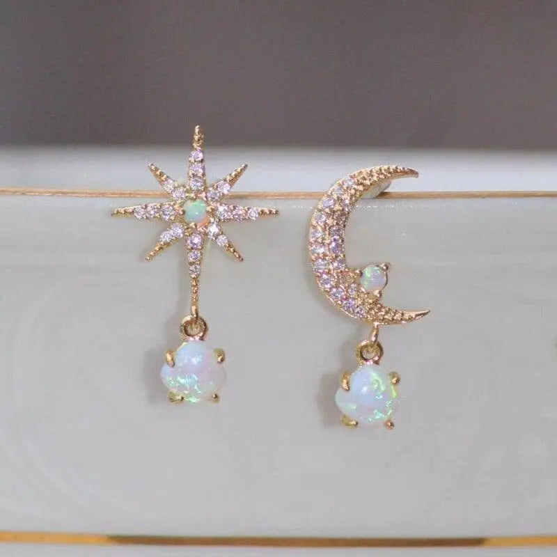 Gold-Tone Moon and Star Drop Earrings with Opal Accents