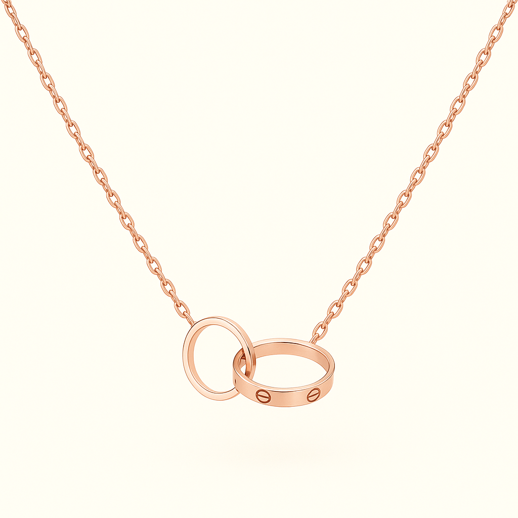 Gold Necklace with Interlocking Ring Pendants