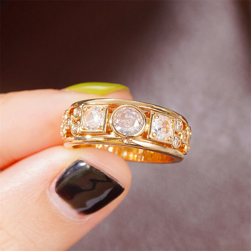 Gold Band Ring with Assorted Zirconia Geometric Inlays