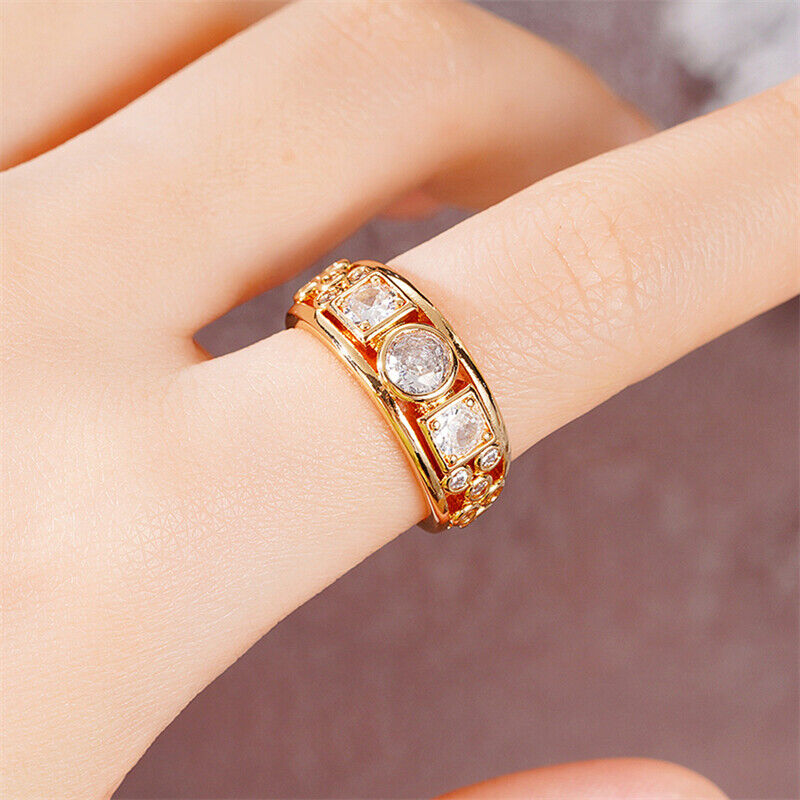 Gold Band Ring with Assorted Zirconia Geometric Inlays