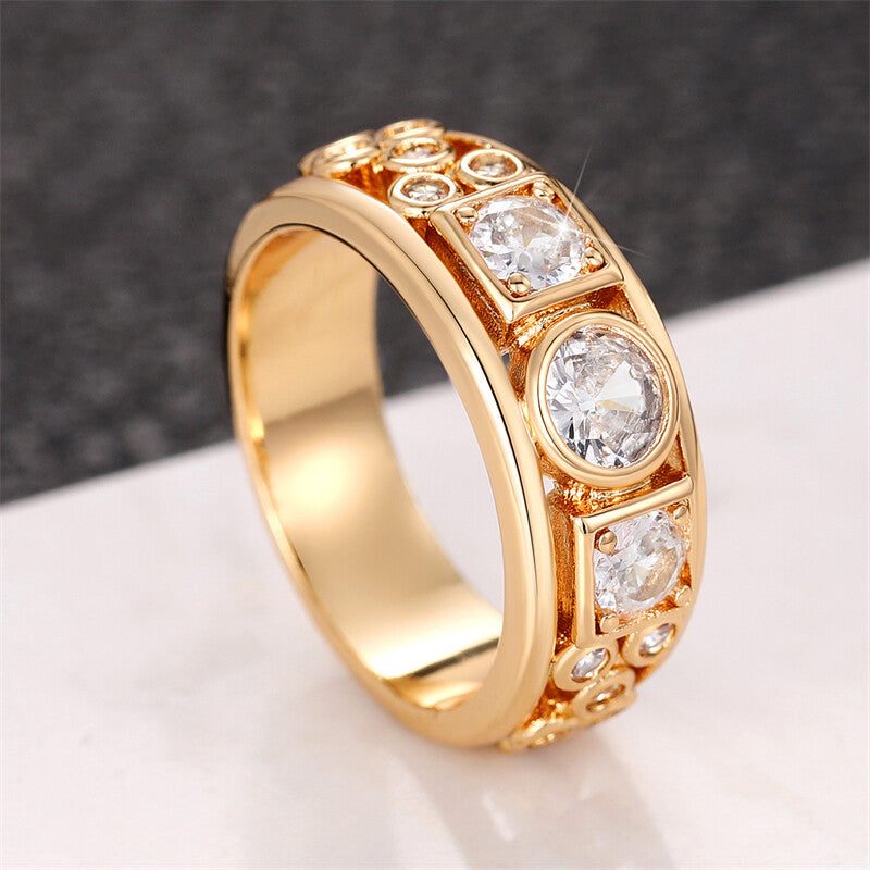 Gold Band Ring with Assorted Zirconia Geometric Inlays