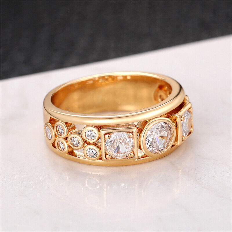Gold Band Ring with Assorted Zirconia Geometric Inlays