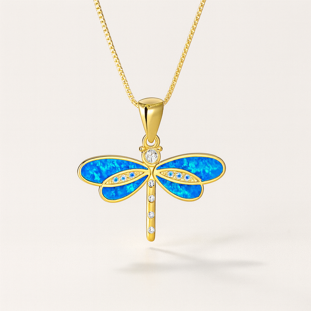 Gold Dragonfly Pendant Necklace with Blue and White Wing Accents