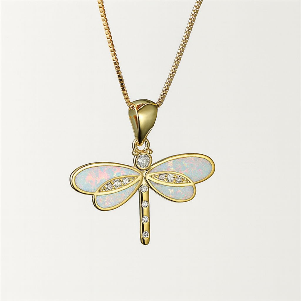 Gold Dragonfly Necklace with Blue and White Wing Accents