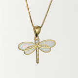 Gold Dragonfly Necklace - Blue & White Enamel - 18K Gold Tone - Pendant Design