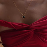 Gold Heart Necklace - Black Gemstone Pendant - 18K Gold Tone - Stainless Steel
