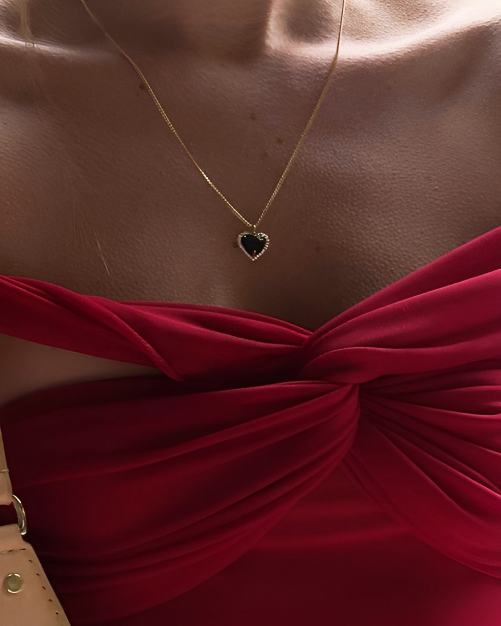 Gold Heart Pendant Necklace with Black Gemstone
