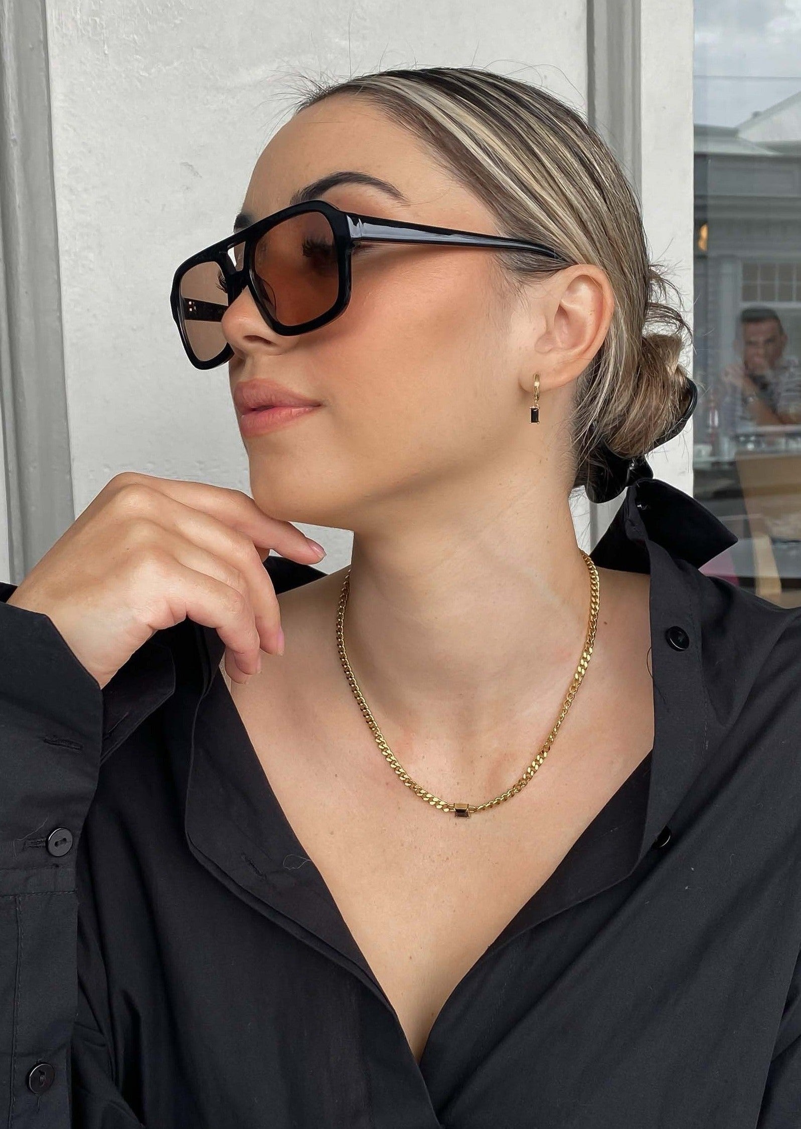 Gold Huggie Hoop Earrings with Black Rectangle Drop