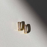 Gold Huggie Earrings - Rectangular Pave Zirconia - 18K Gold Tone - Polished