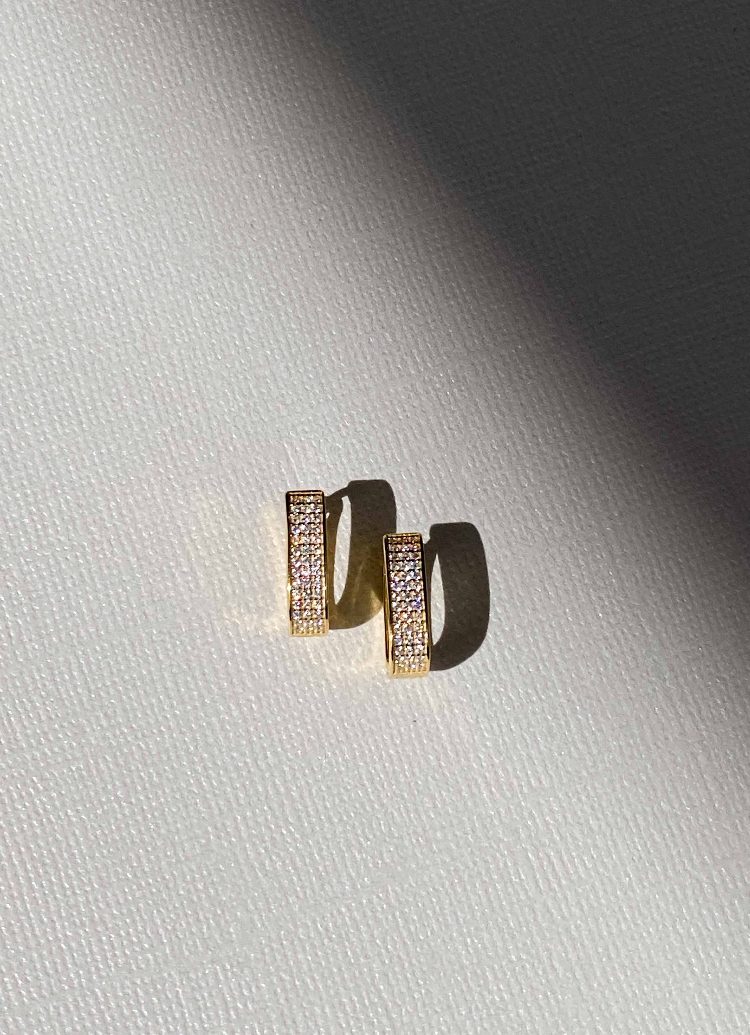 Gold Rectangular Huggie Earrings with Pave Crystals