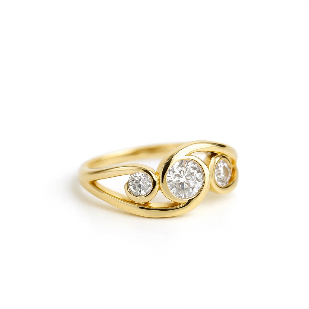 Gold Spiral Band Ring with Round Clear Zircon Stones