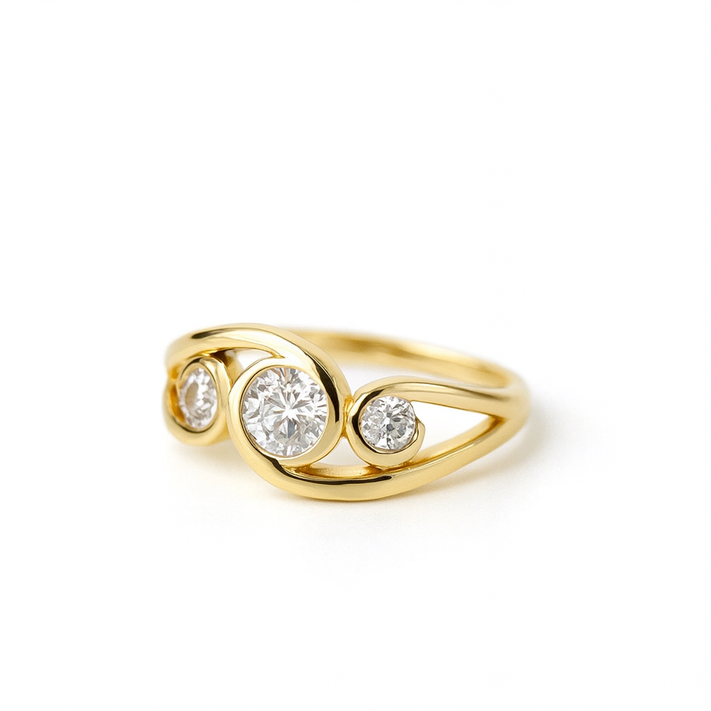 Gold Spiral Band Ring with Round Clear Zircon Stones