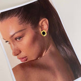 Gold Stud Earrings with Black Oval Center and Geometric Frame