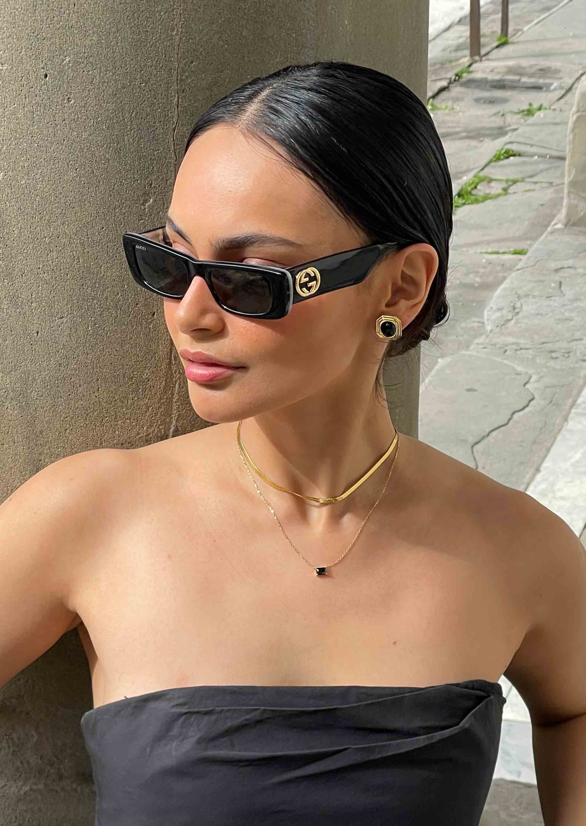 Gold Stud Earrings with Black Oval Center – Geometric Frame