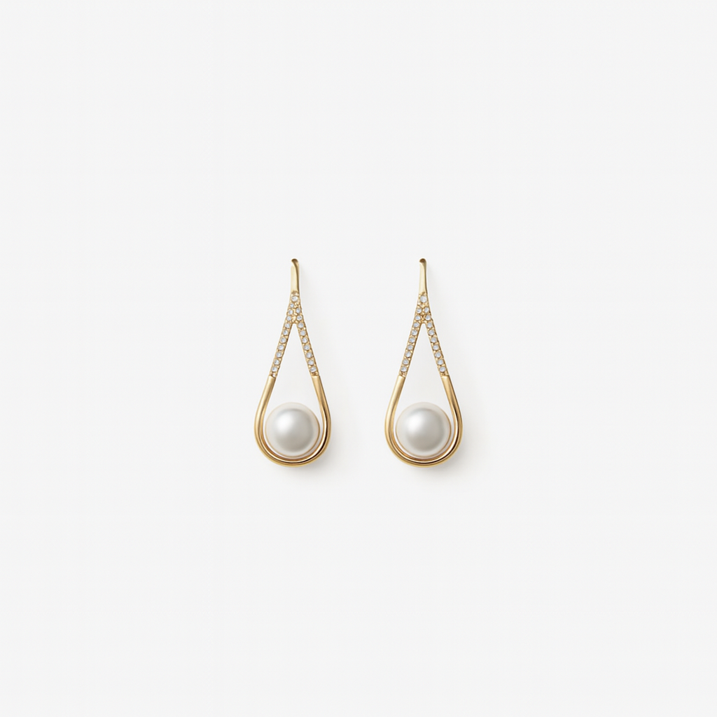 Gold Teardrop Earrings with Simulated Pearl and Zircon Accents