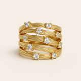 Gold Texture Band Ring with Small Clear Stone Detailing