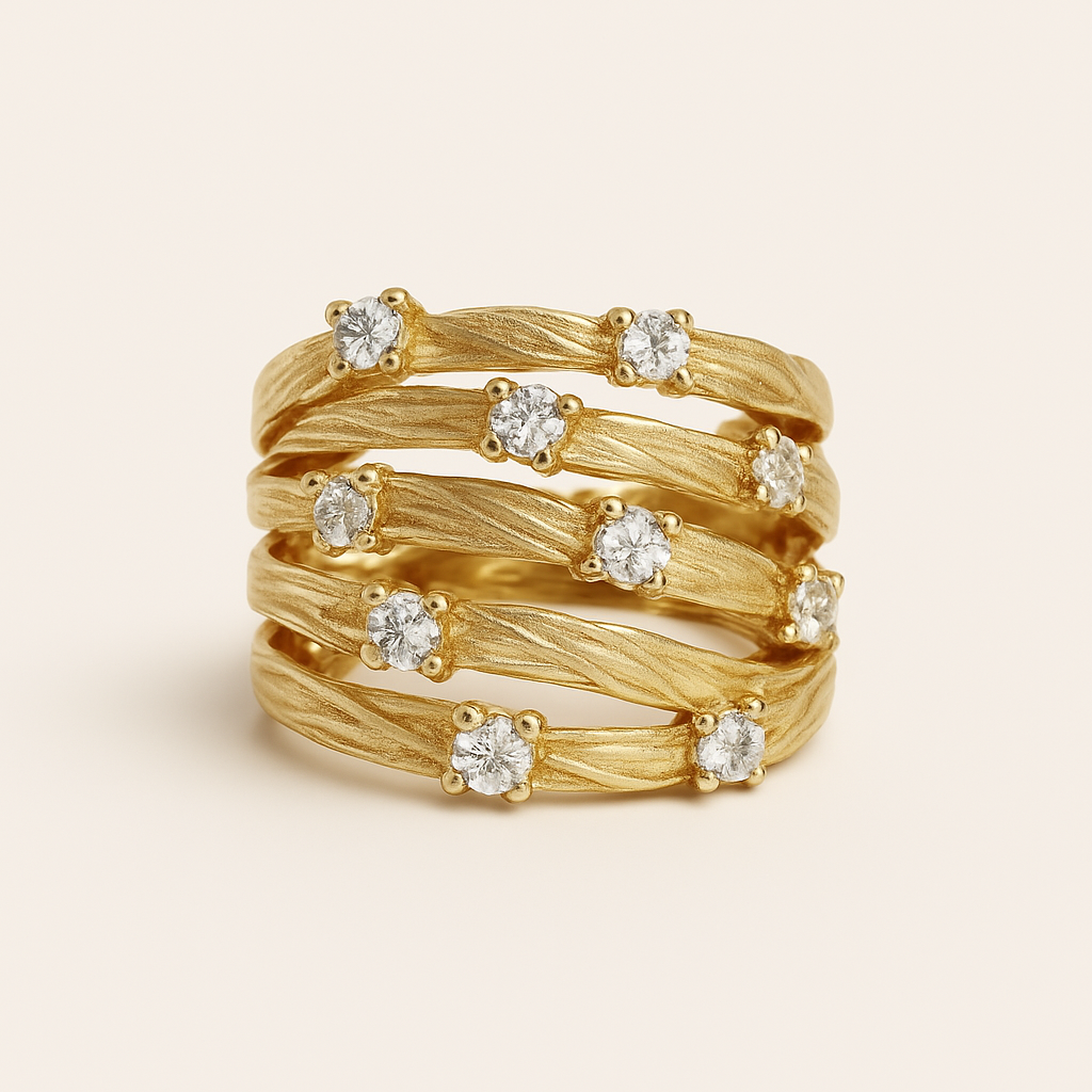 Gold Textured Band Ring with Small Zirconia Detailing