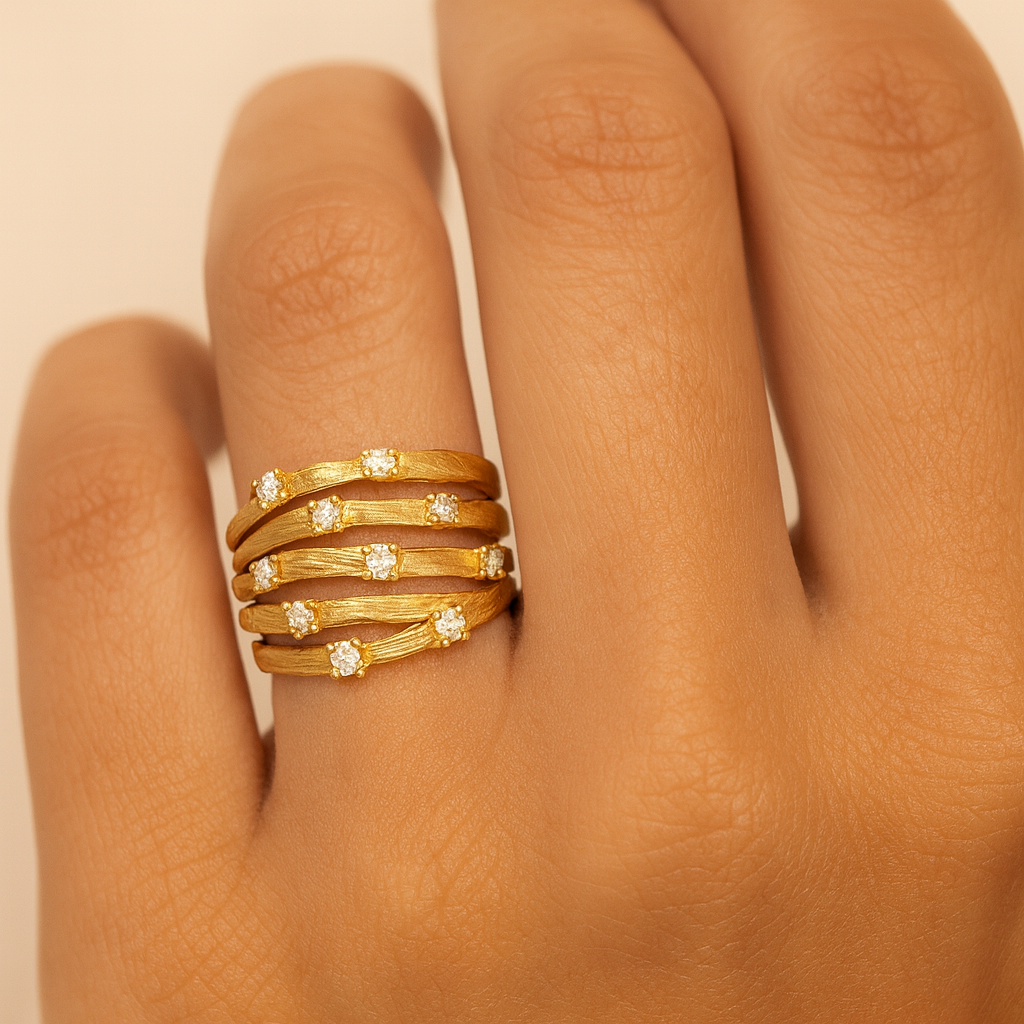 Gold Textured Band Ring with Small Zirconia Detailing