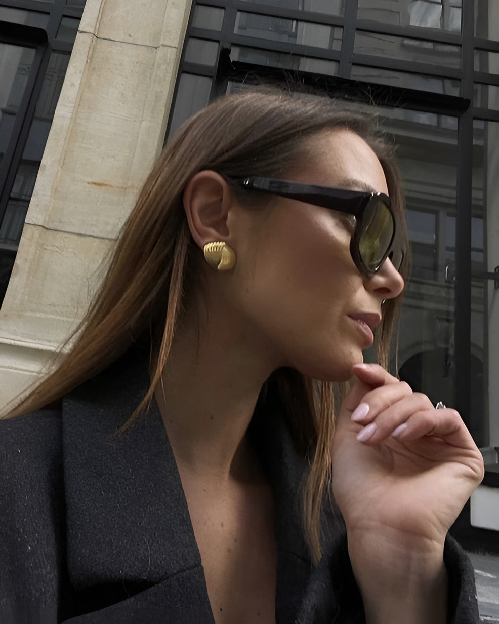Gold Textured Fan Stud Earrings – Bold Vintage-Style Statement Jewelry