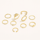 Gold Tone Boho Ring Set with Decorative Crystal Details