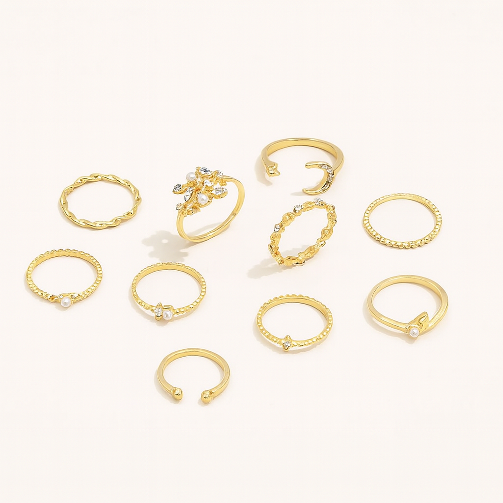 Gold Tone Boho Ring Set with Decorative Crystal Details (10pcs)