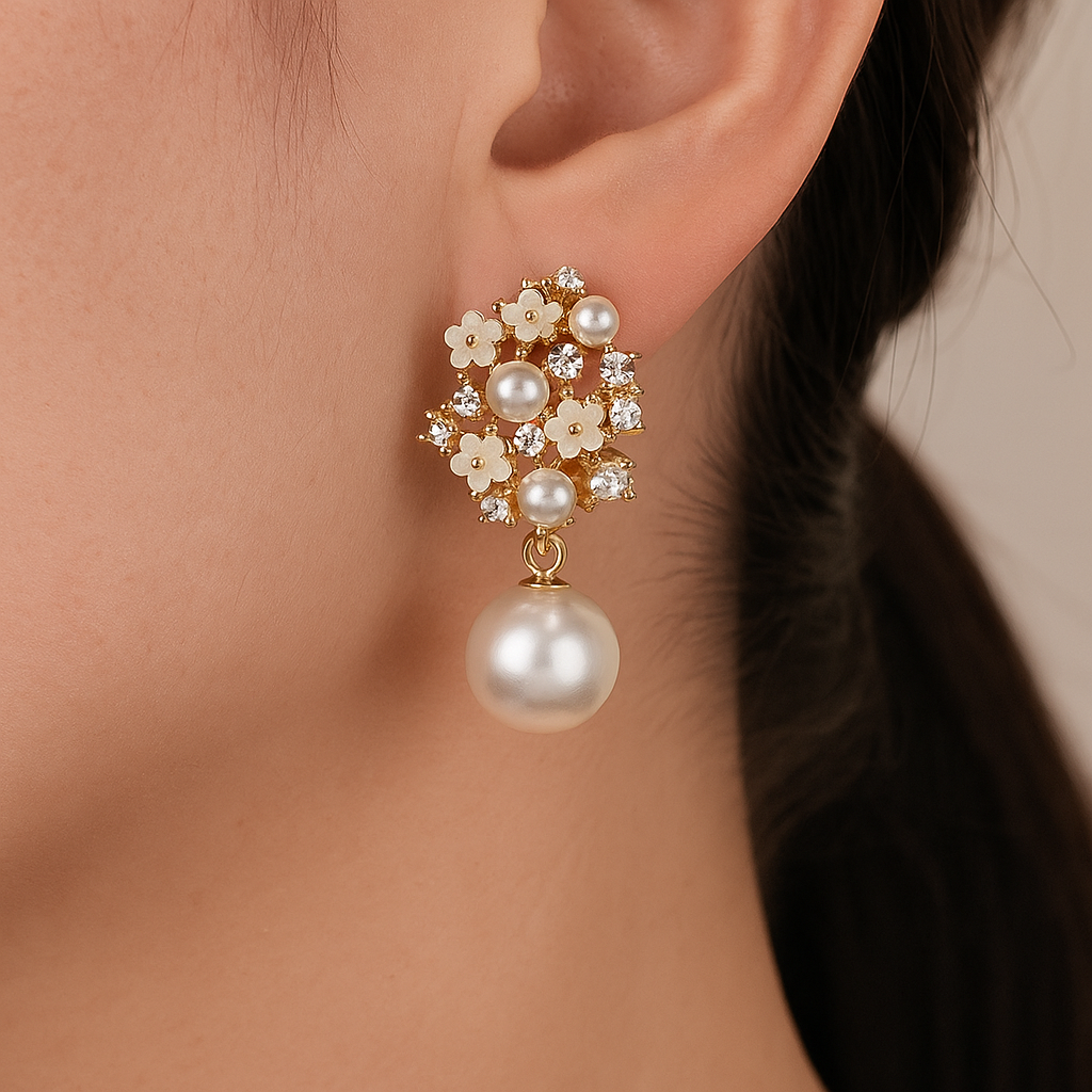 Gold Tone Pearl Drop Earrings with Crystal Floral Design