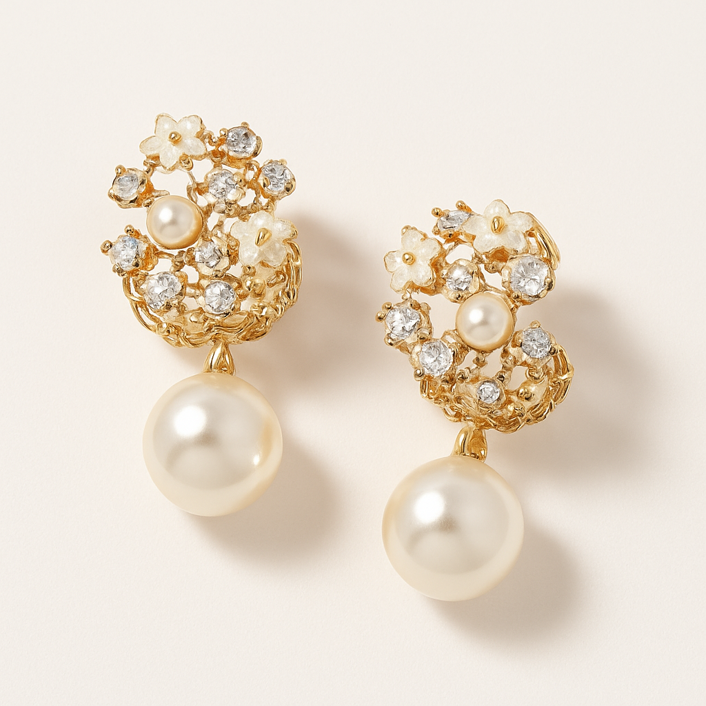 Gold Tone Pearl Drop Earrings with Crystal Floral Design