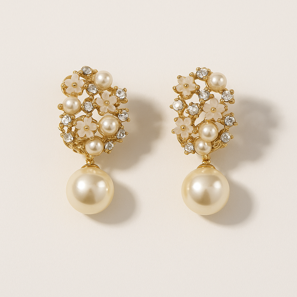 Gold Tone Pearl Drop Earrings with Crystal Floral Design