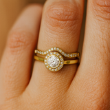 Gold Tone Bridal Ring Set with Halo and Curved Band Design