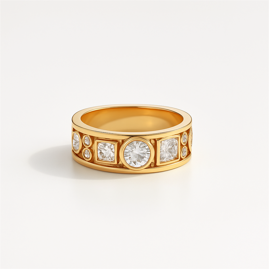 Gold Band Ring with Assorted Zirconia Geometric Inlays