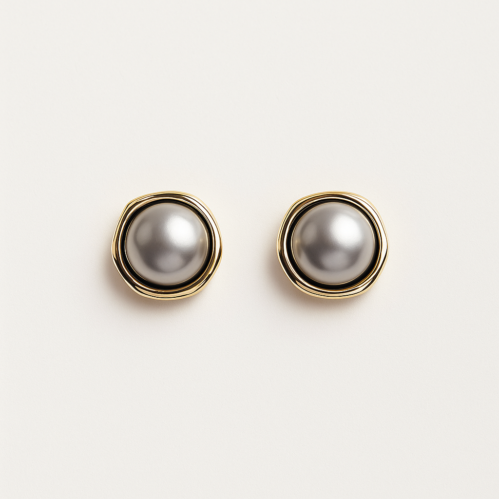 Gold Framed Round Stud Earrings with Black Pearls