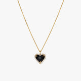 Gold Heart Necklace - Black Gemstone Pendant - 18K Gold Tone - Stainless Steel