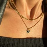 Gold Heart Necklace - Black Gemstone Pendant - 18K Gold Tone - Stainless Steel