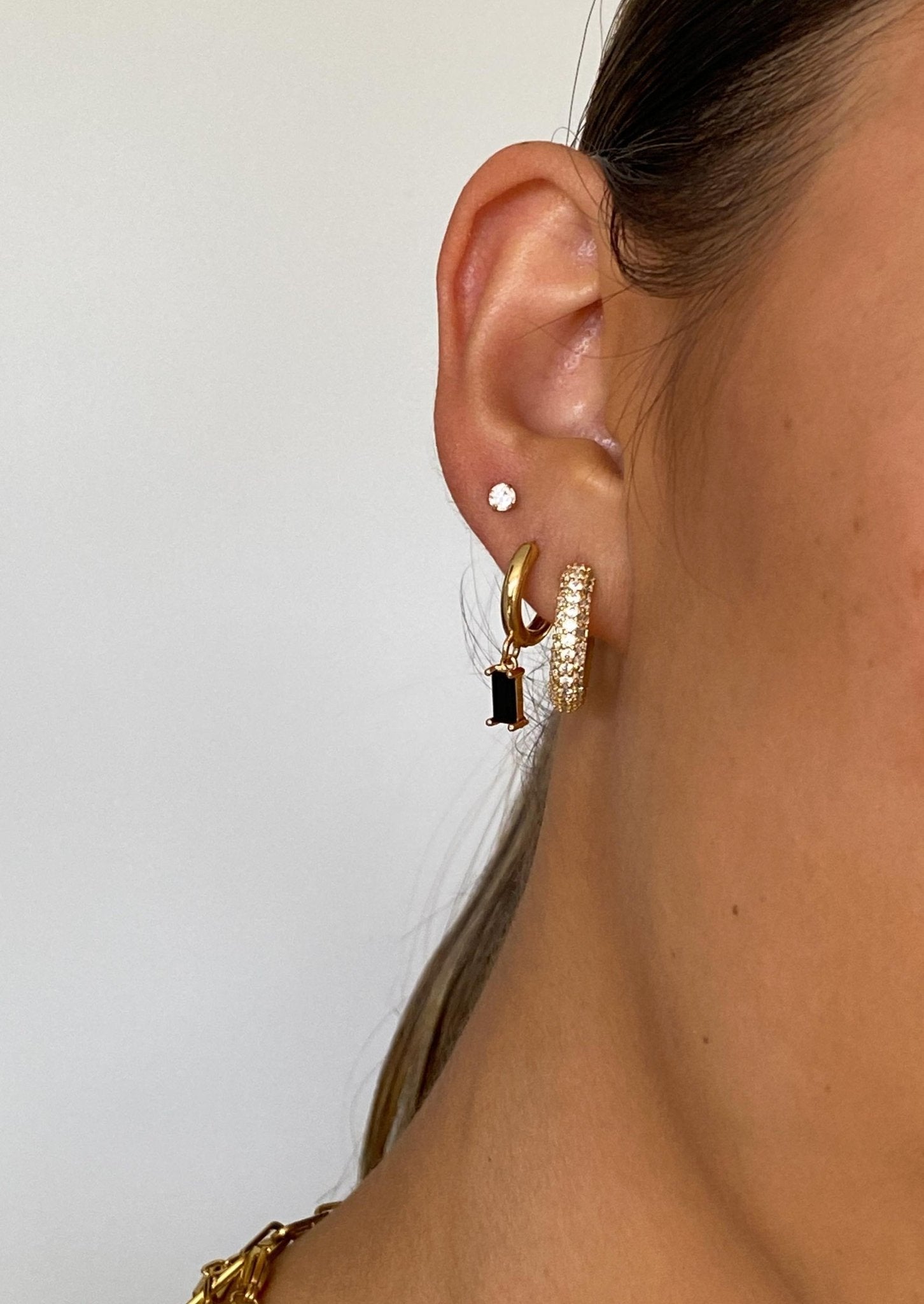 Gold Huggie Hoop Earrings with Black Rectangle Drop