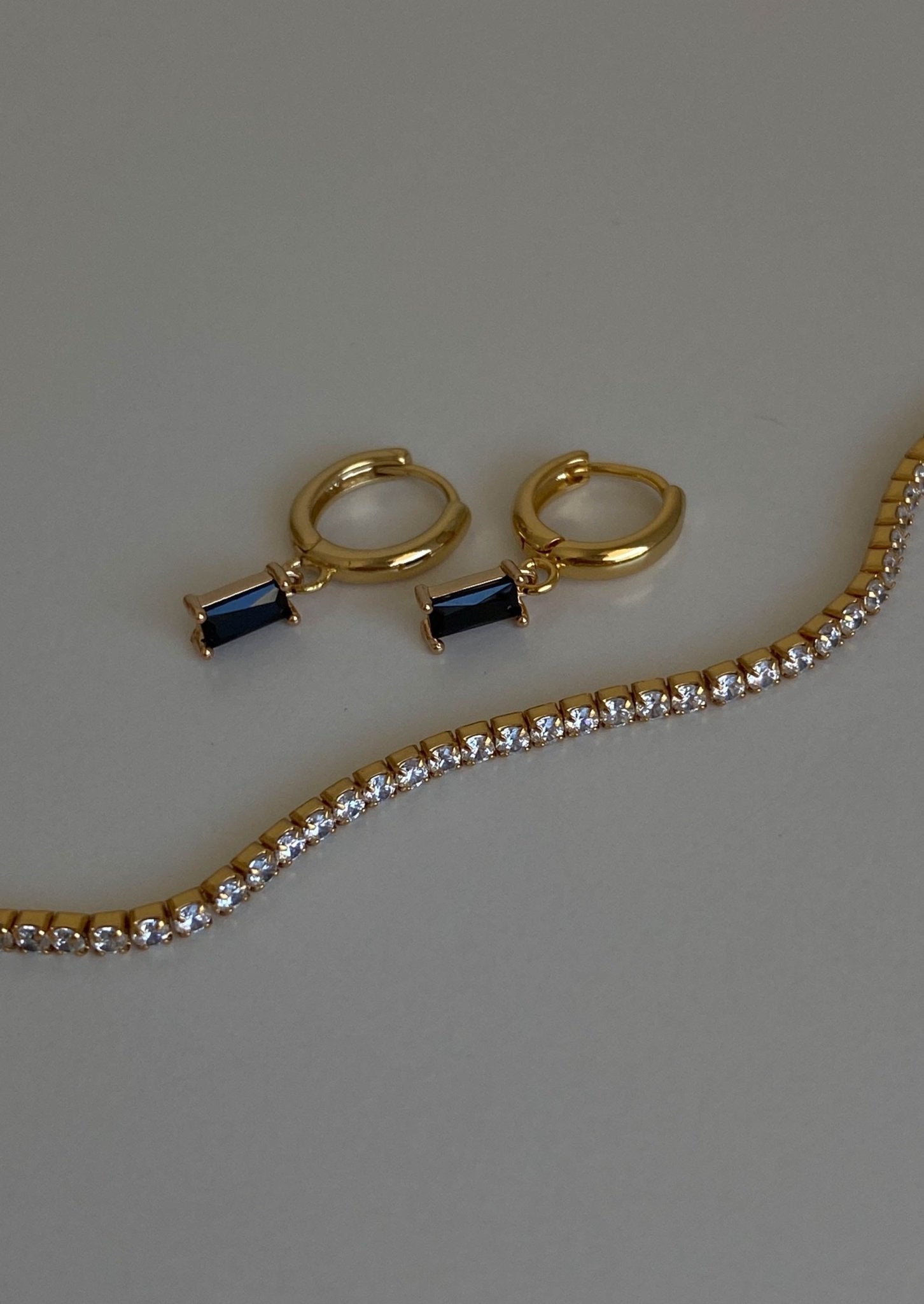 Gold Huggie Hoop Earrings with Black Rectangle Drop