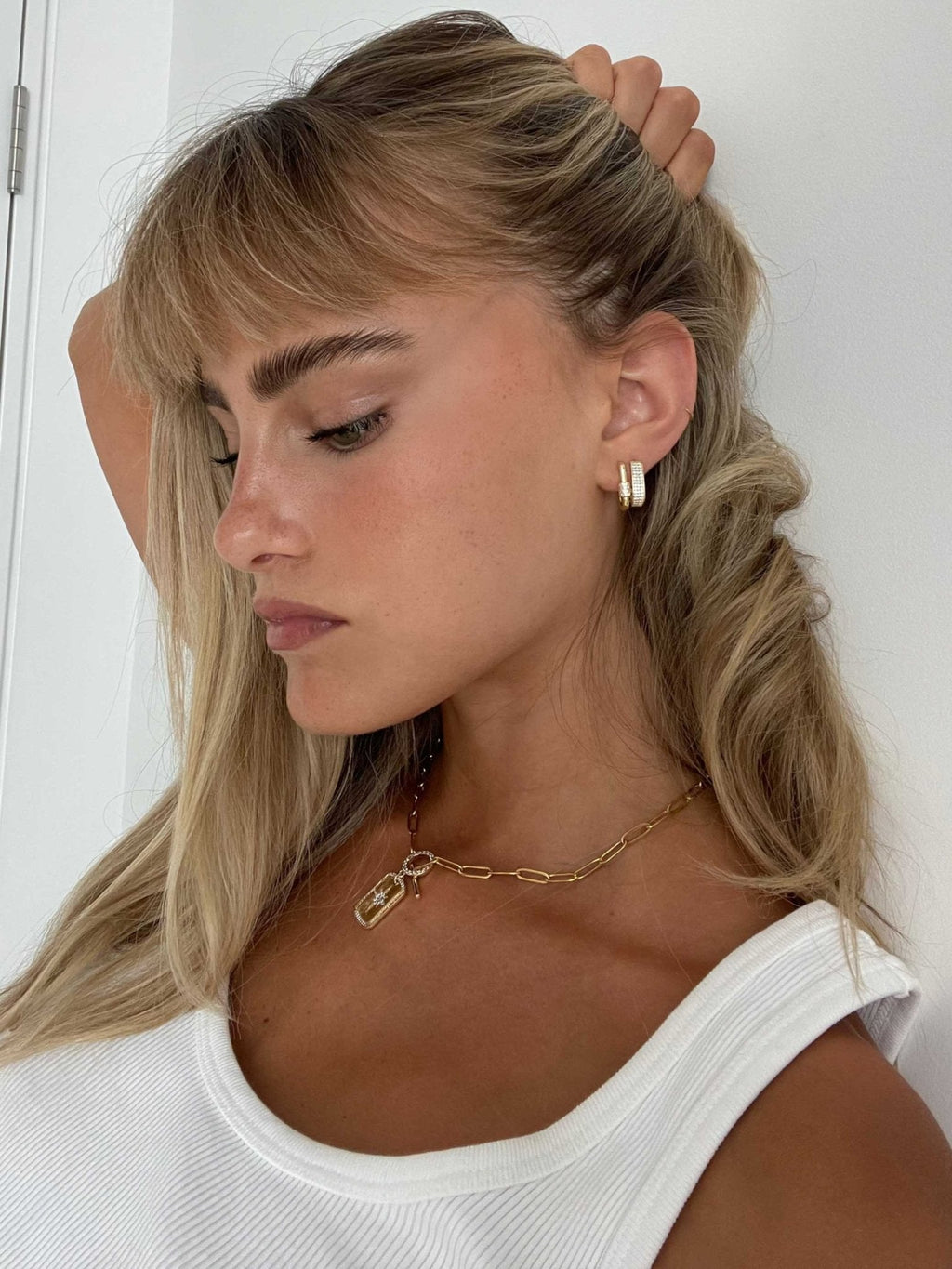 Gold Rectangular Huggie Earrings with Pave Crystals