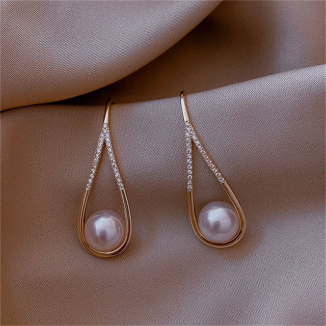 Gold Teardrop Earrings with Simulated Pearl and Zircon Accents