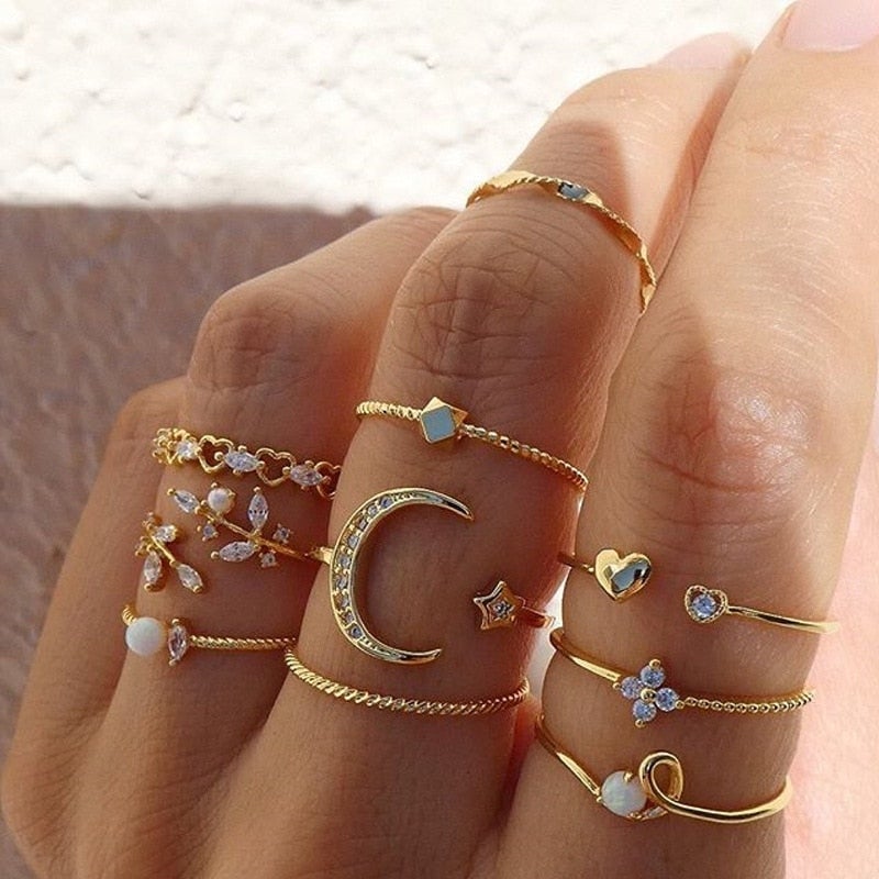 Gold Tone Boho Ring Set with Decorative Crystal Details (10pcs)