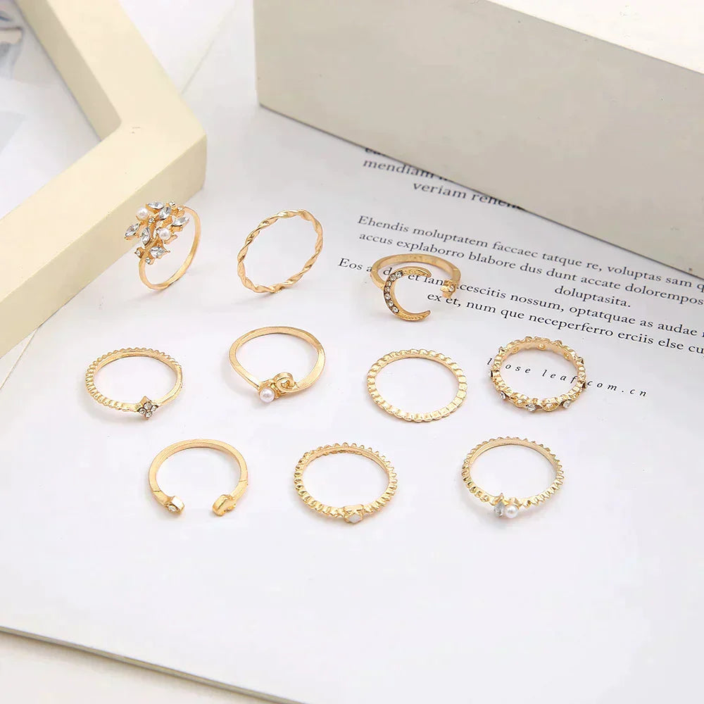 Gold Tone Boho Ring Set with Decorative Crystal Details (10pcs)