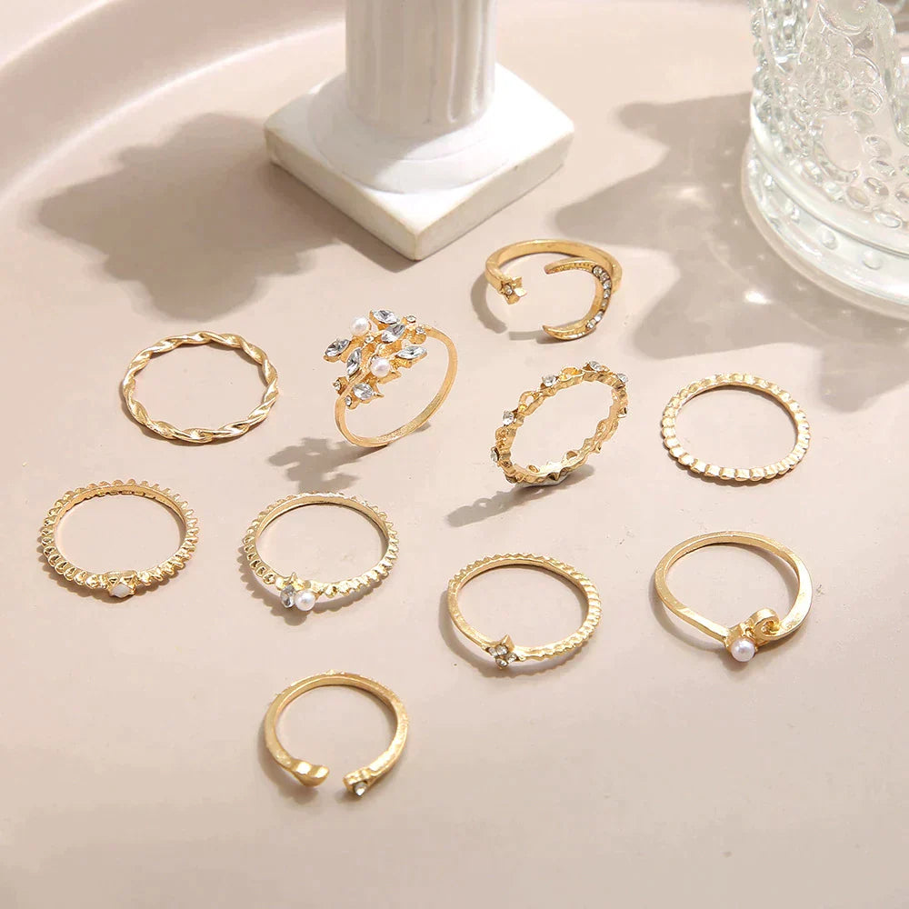Gold Tone Boho Ring Set with Decorative Crystal Details (10pcs)