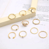 Gold Tone Boho Ring Set with Decorative Crystal Details