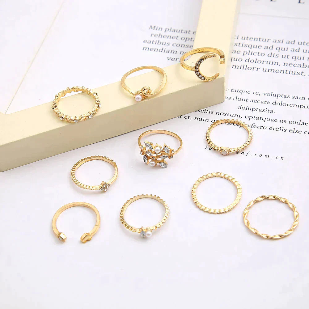 Gold Tone Boho Ring Set with Decorative Crystal Details (10pcs)