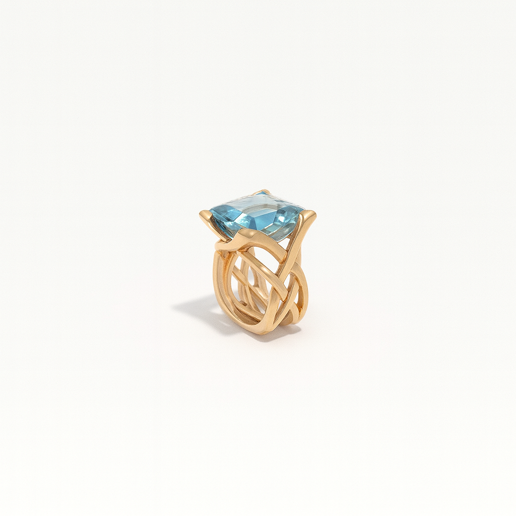Gold Tone Ring with Large Square Blue Zirconia Setting