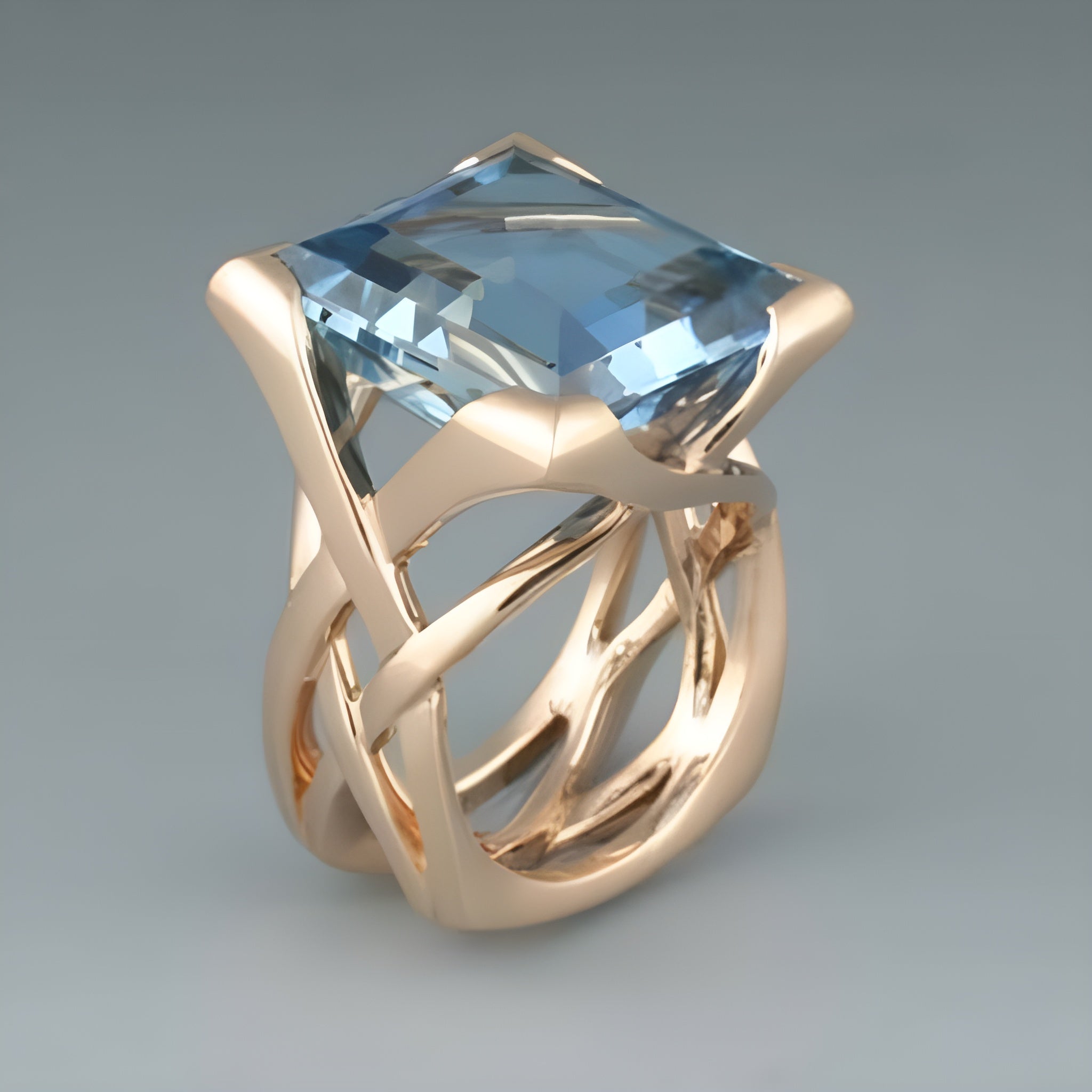 Gold Tone Ring with Large Square Blue Zirconia Setting